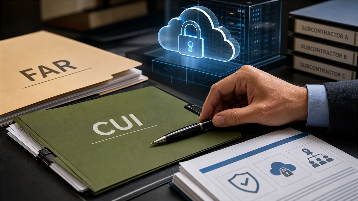 Federal contractor reviewing cloud and CUI control documents with secure systems in the background