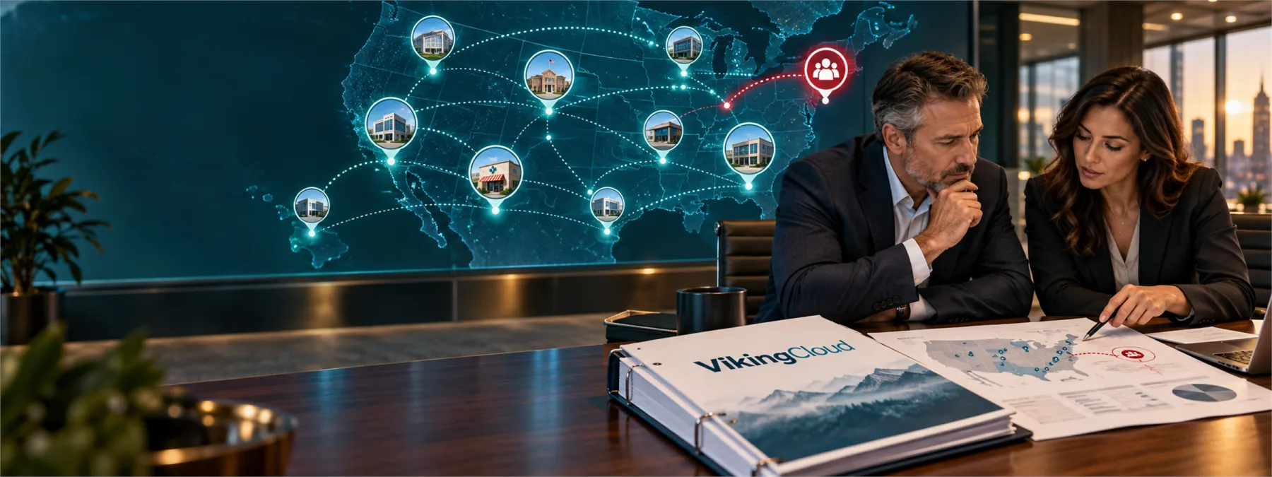 Editorial image of a business owner reviewing cybersecurity standards across multiple connected business locations and vendors.