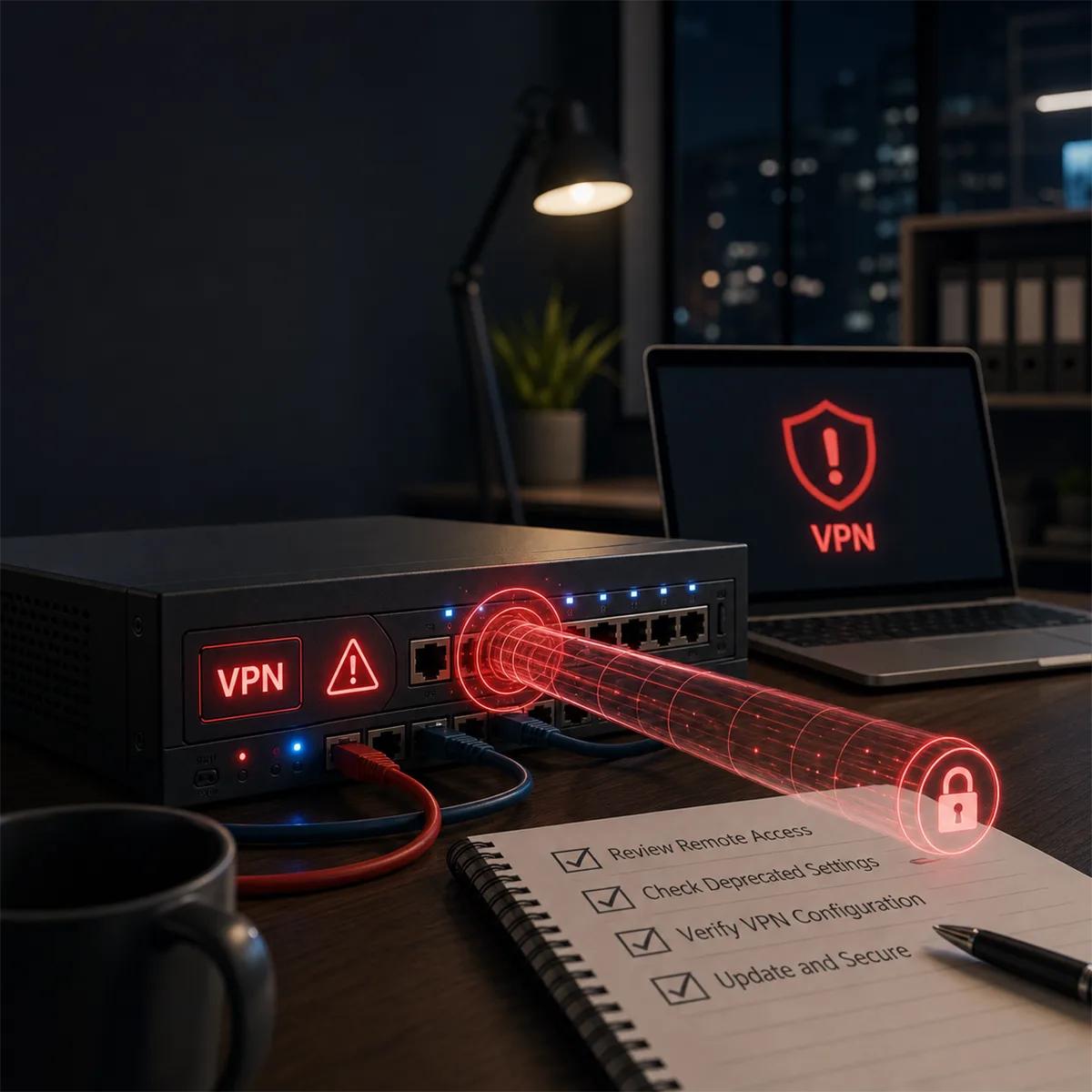Editorial image of a business owner reviewing a VPN gateway risk alert and remote access approval checklist.