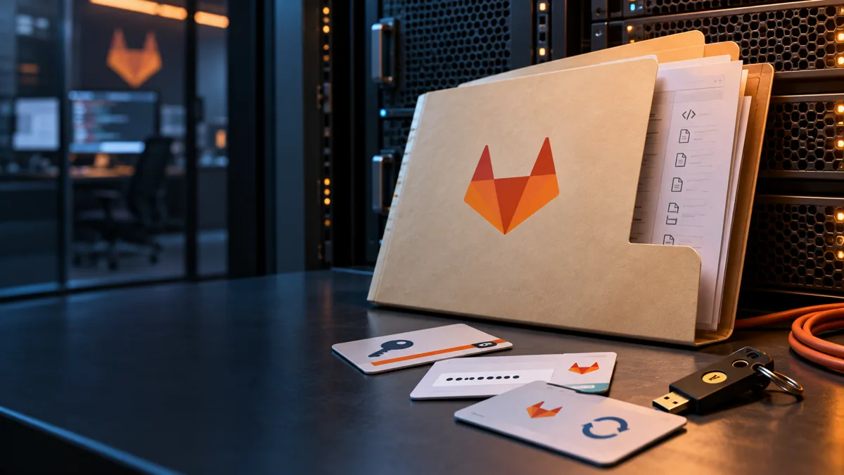 Editorial image of a GitLab development server under review for exposed code secrets and access tokens.