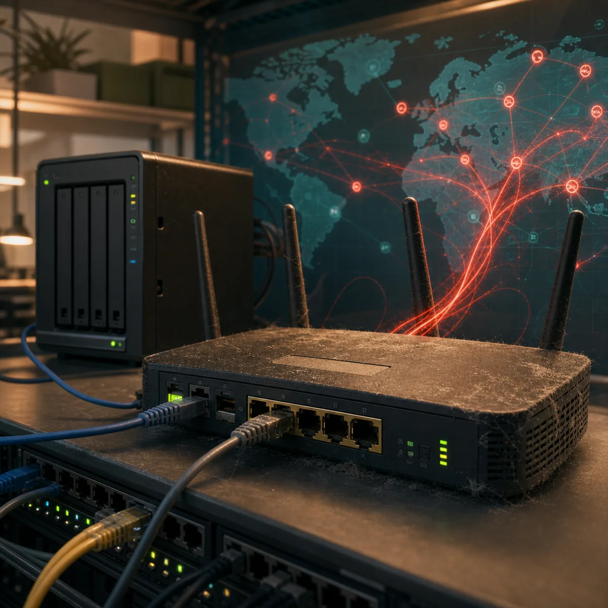 An outdated office router and NAS device reviewed as part of a network security inventory.