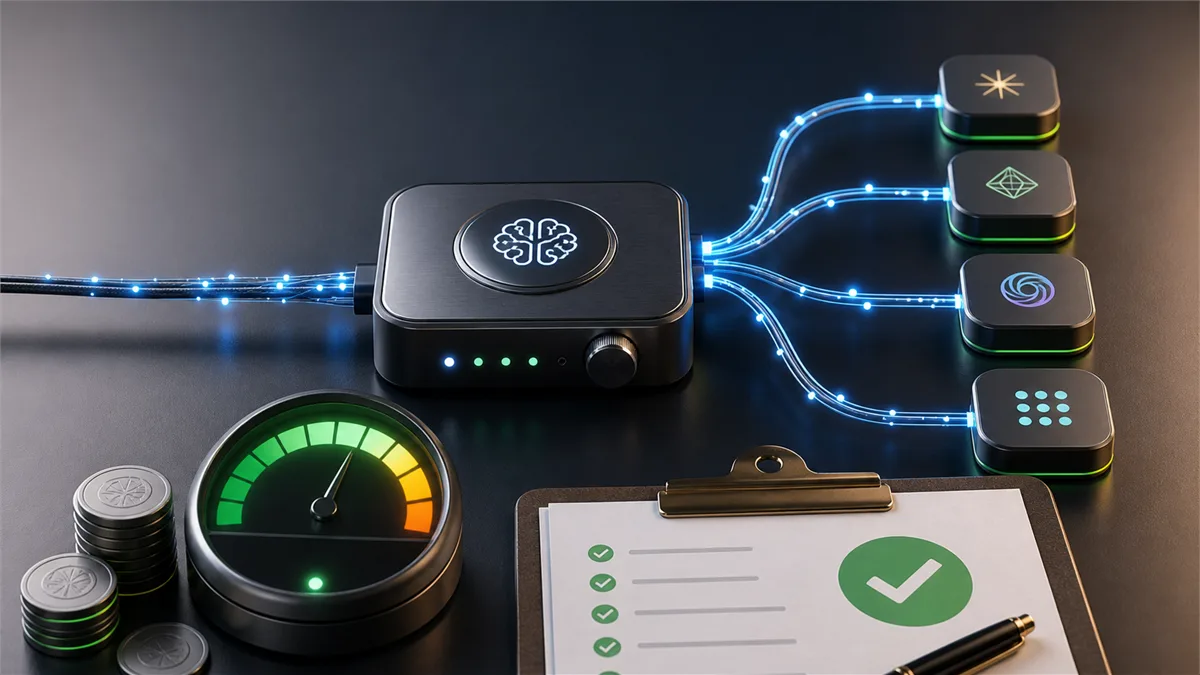Editorial image of AI model routing controls, token spending, and business budget approval on a modern operations desk.