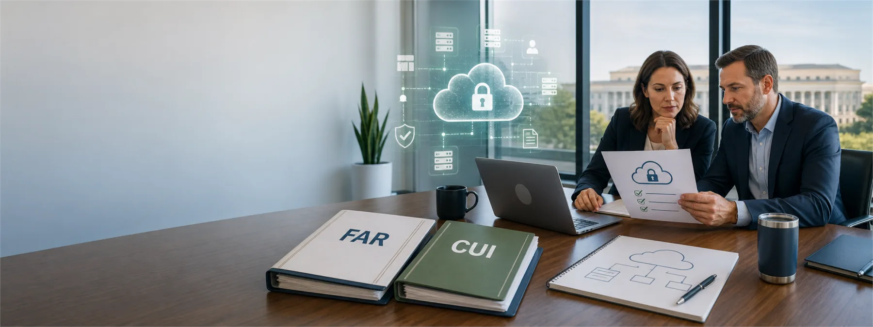Federal contractor reviewing cloud and CUI control documents with secure systems in the background