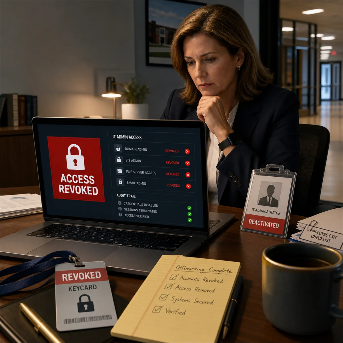 Editorial image showing a school administrator reviewing locked IT access accounts after an employee departure