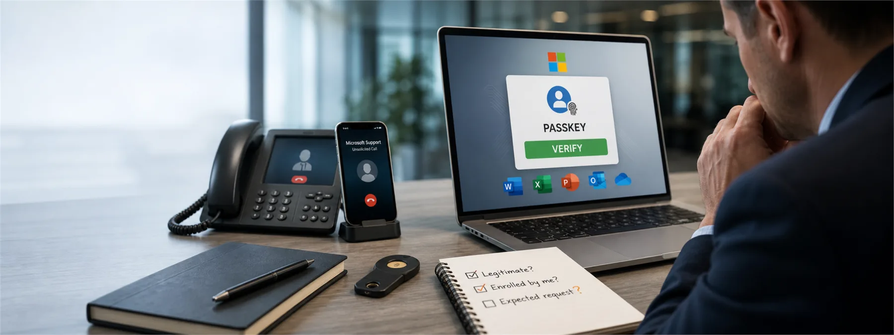 Editorial image of a Microsoft 365 passkey enrollment review with a suspicious support call and access-control evidence on a business desk