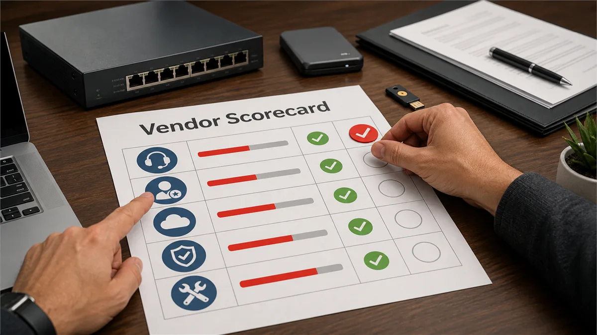 Editorial illustration of a business owner reviewing IT vendor support scores, contracts, cloud services, network security, and recovery plans with an advisor