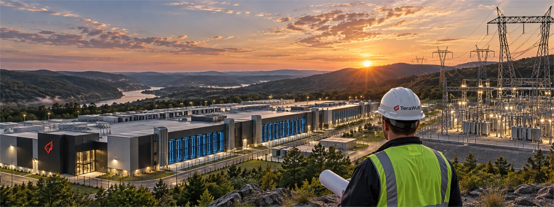 Editorial image showing a data center and electric grid infrastructure as business leaders review AI capacity planning.