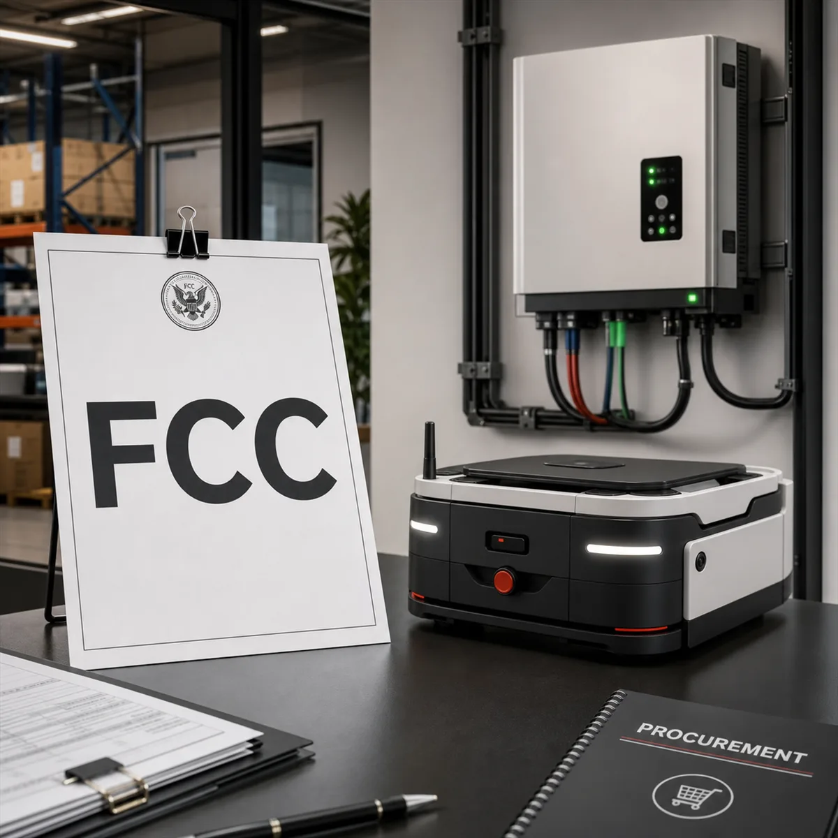 Editorial image showing connected robots and power inverters under an FCC vendor risk review.