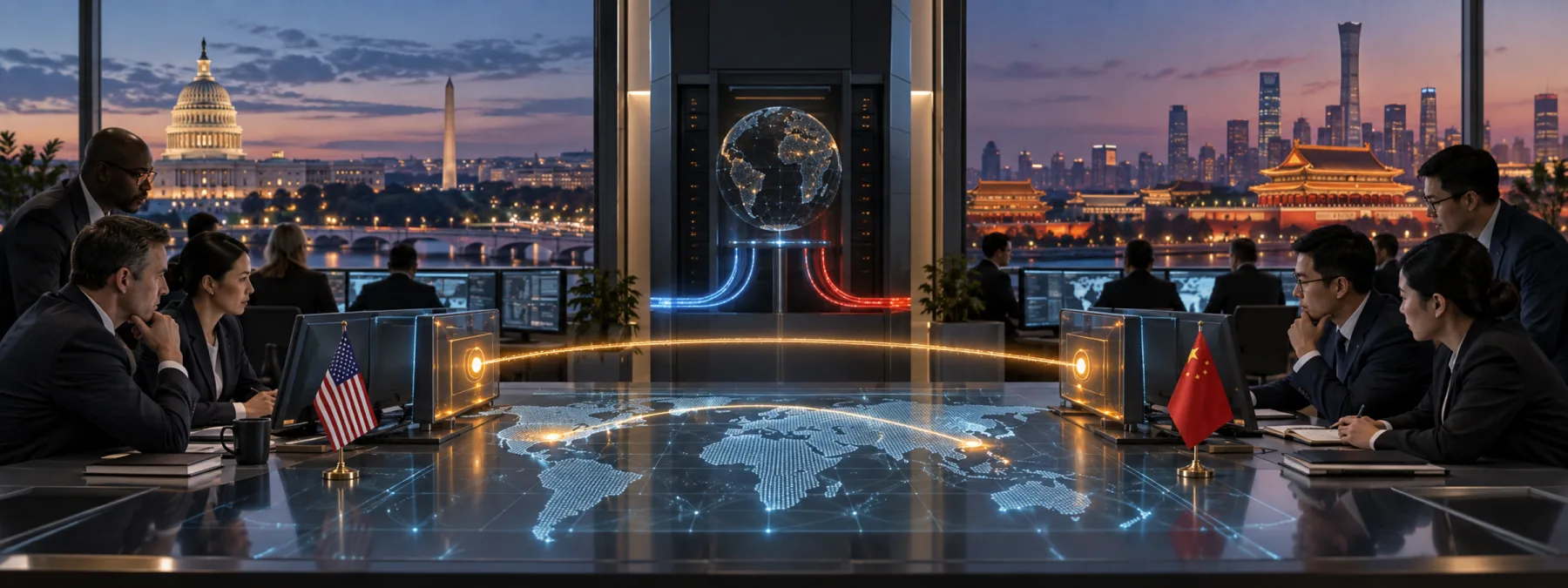 Editorial image of U.S. and China desk flags, secure hotline terminals, and a glowing AI incident coordination globe on a conference table.