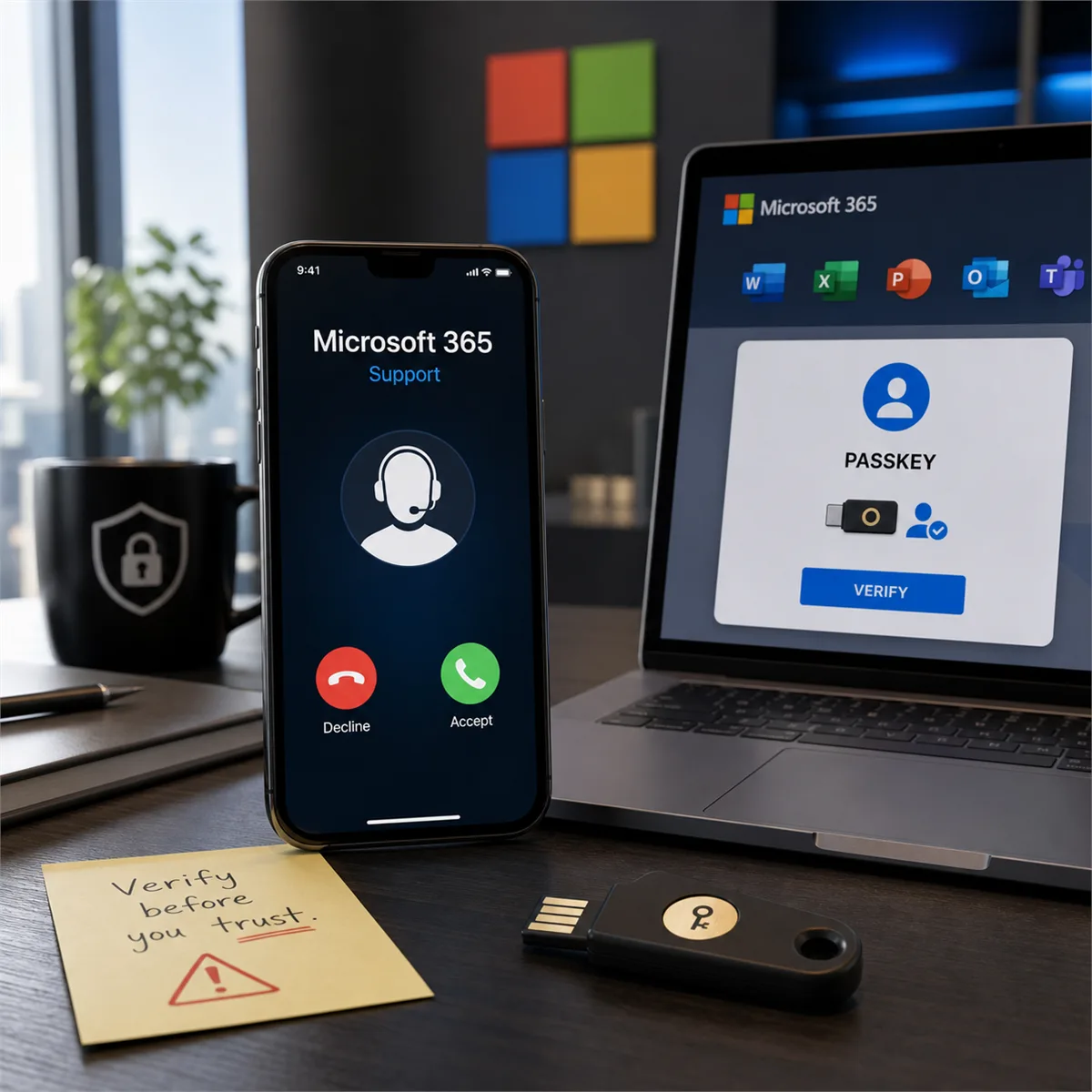 Editorial image of a Microsoft 365 passkey enrollment review with a suspicious support call and access-control evidence on a business desk