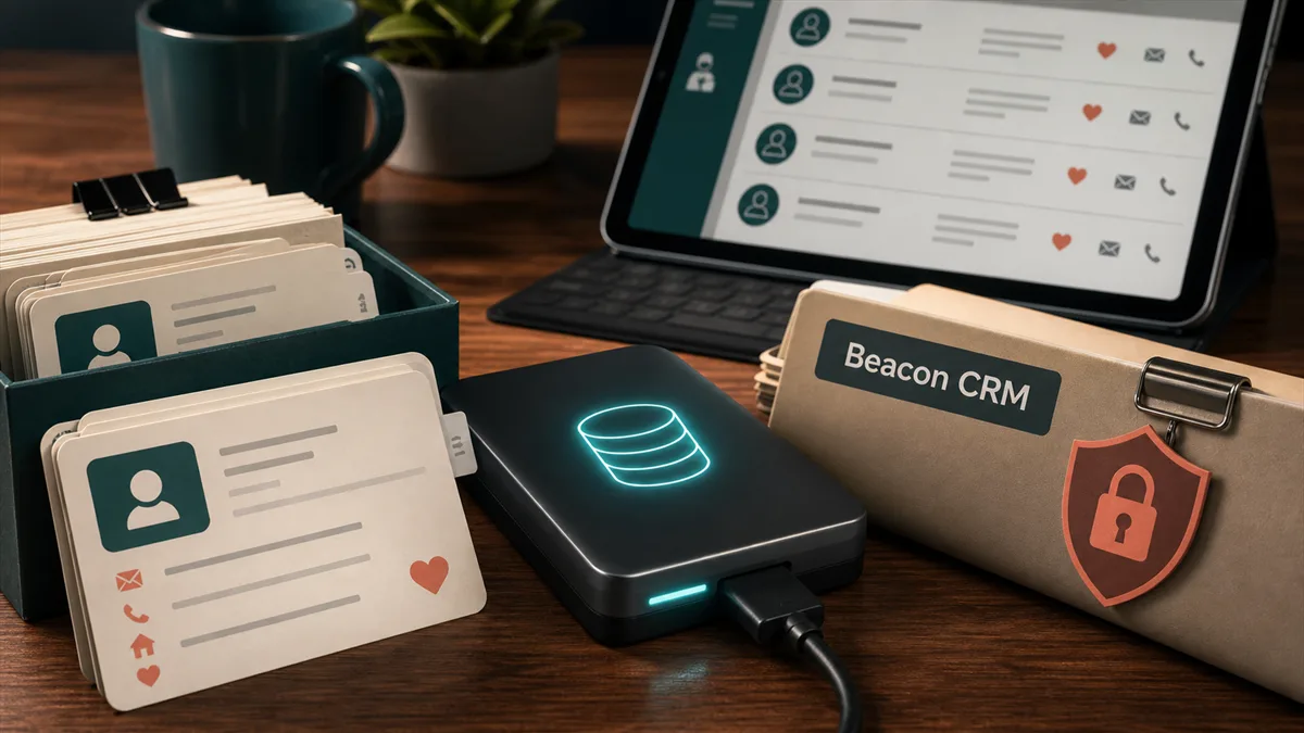 Editorial image showing nonprofit donor records, a CRM database backup, and vendor security review documents.