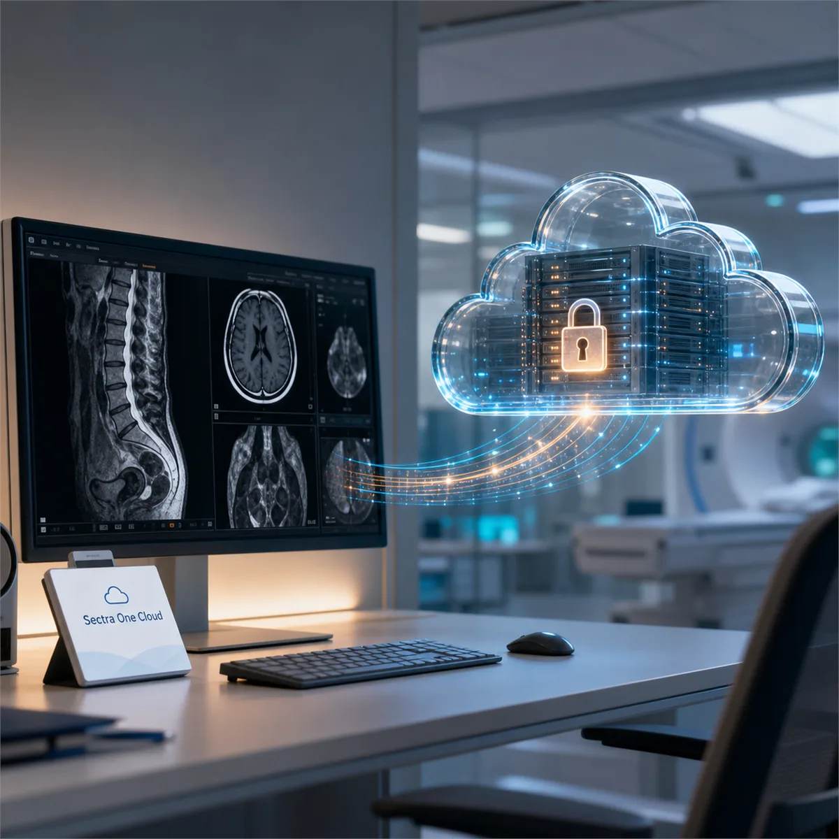 Editorial image of healthcare imaging data moving into a secure cloud review process.