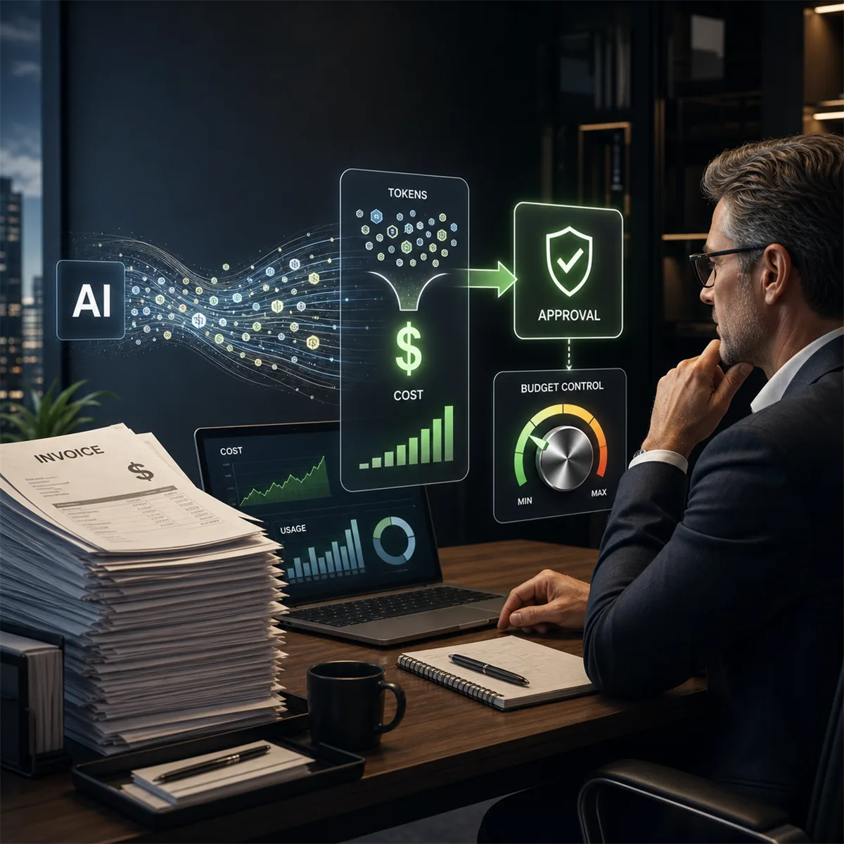 Business owner reviewing AI usage costs and budget controls on a modern technology dashboard