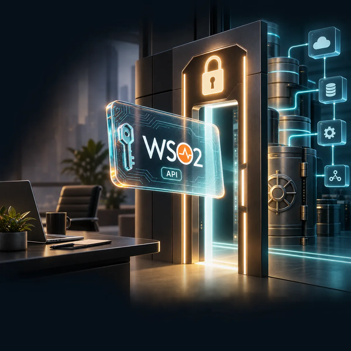 Editorial image of a business team reviewing an API gateway security dashboard, forged token activity, and protected backend credentials.