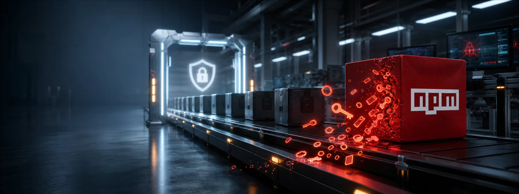Editorial image showing a software build pipeline with npm package blocks and exposed credential keys under review.