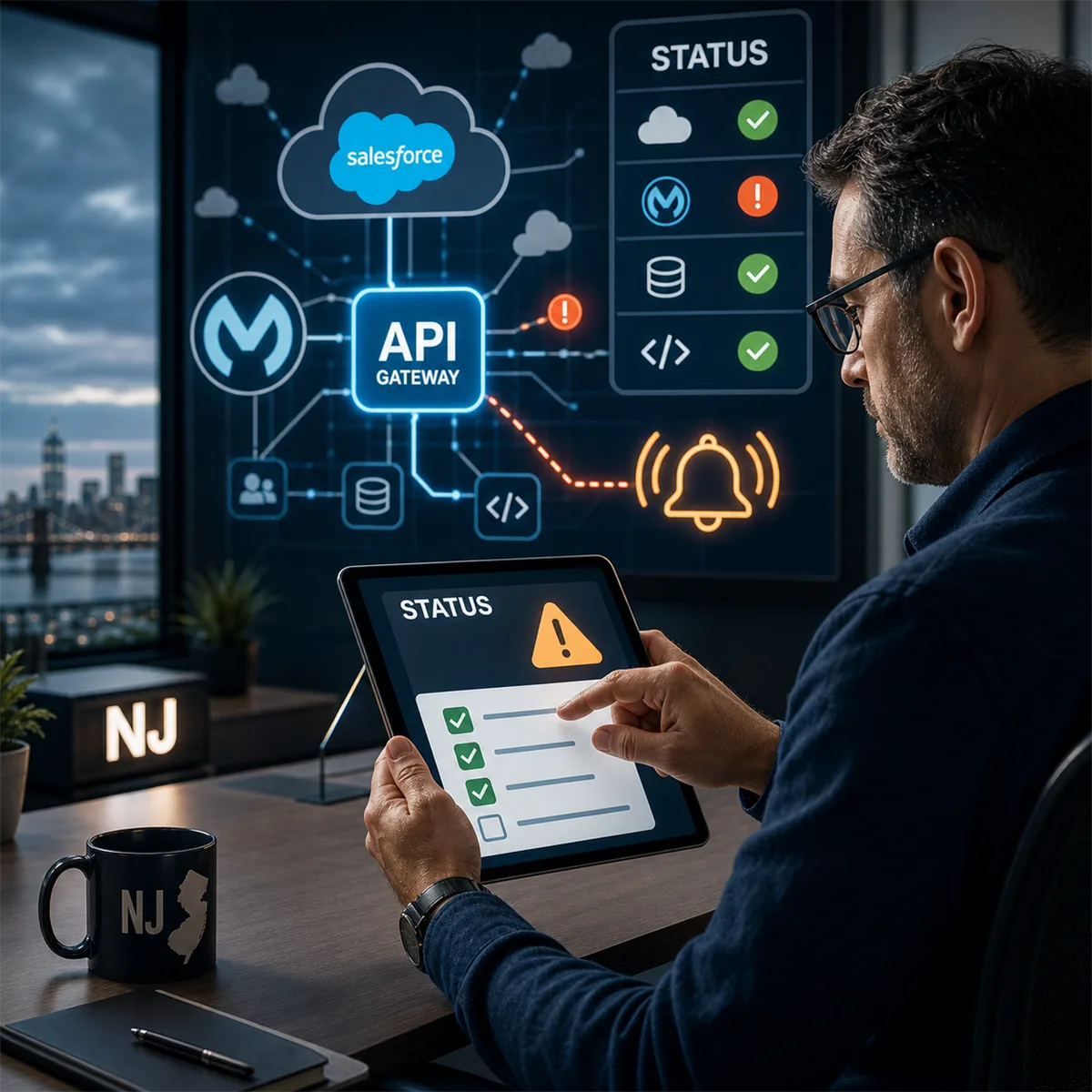 Editorial image showing a business owner reviewing a SaaS vendor status incident and API platform monitoring signals.
