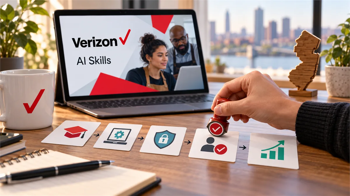 Editorial image of a New Jersey small business owner planning an AI training pilot with workflow notes and approved-tool guardrails.