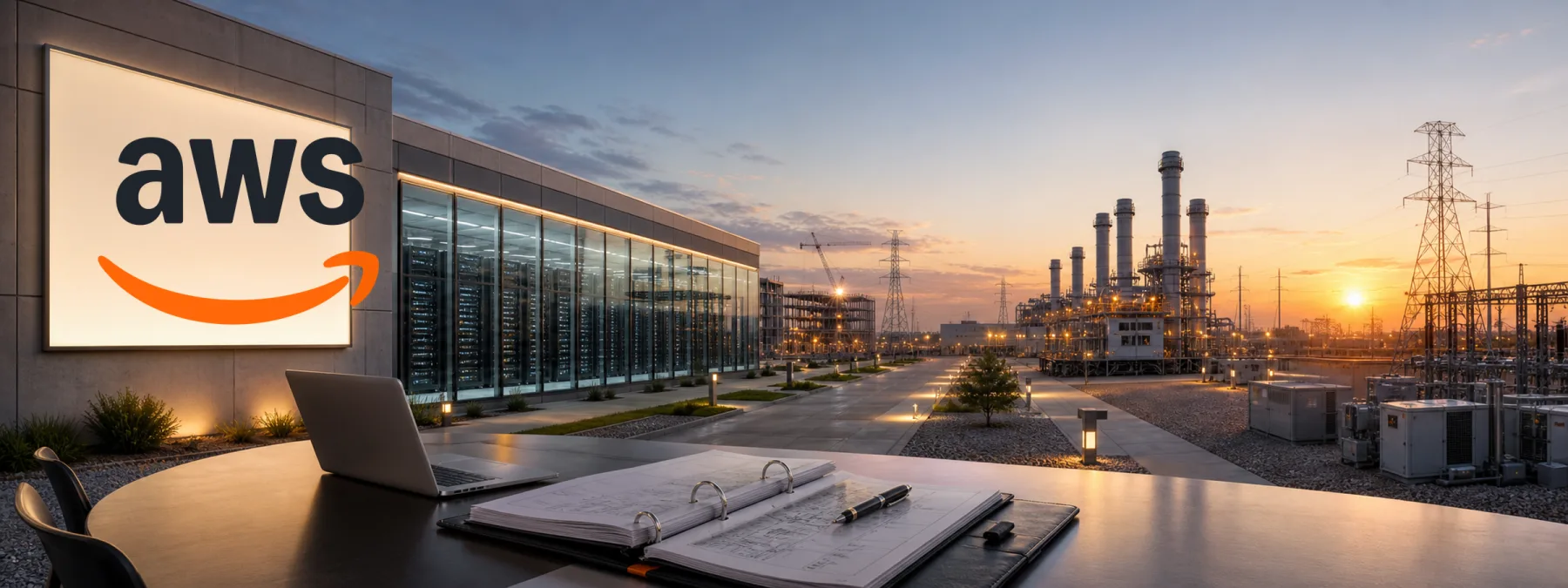 Editorial image of Amazon-style AI data-center infrastructure, power generation, and business cloud planning documents.