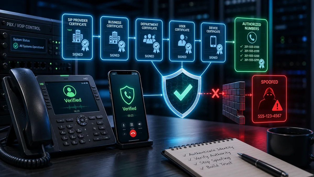 Editorial illustration of SIP v3 caller identity certificates blocking scam calls
