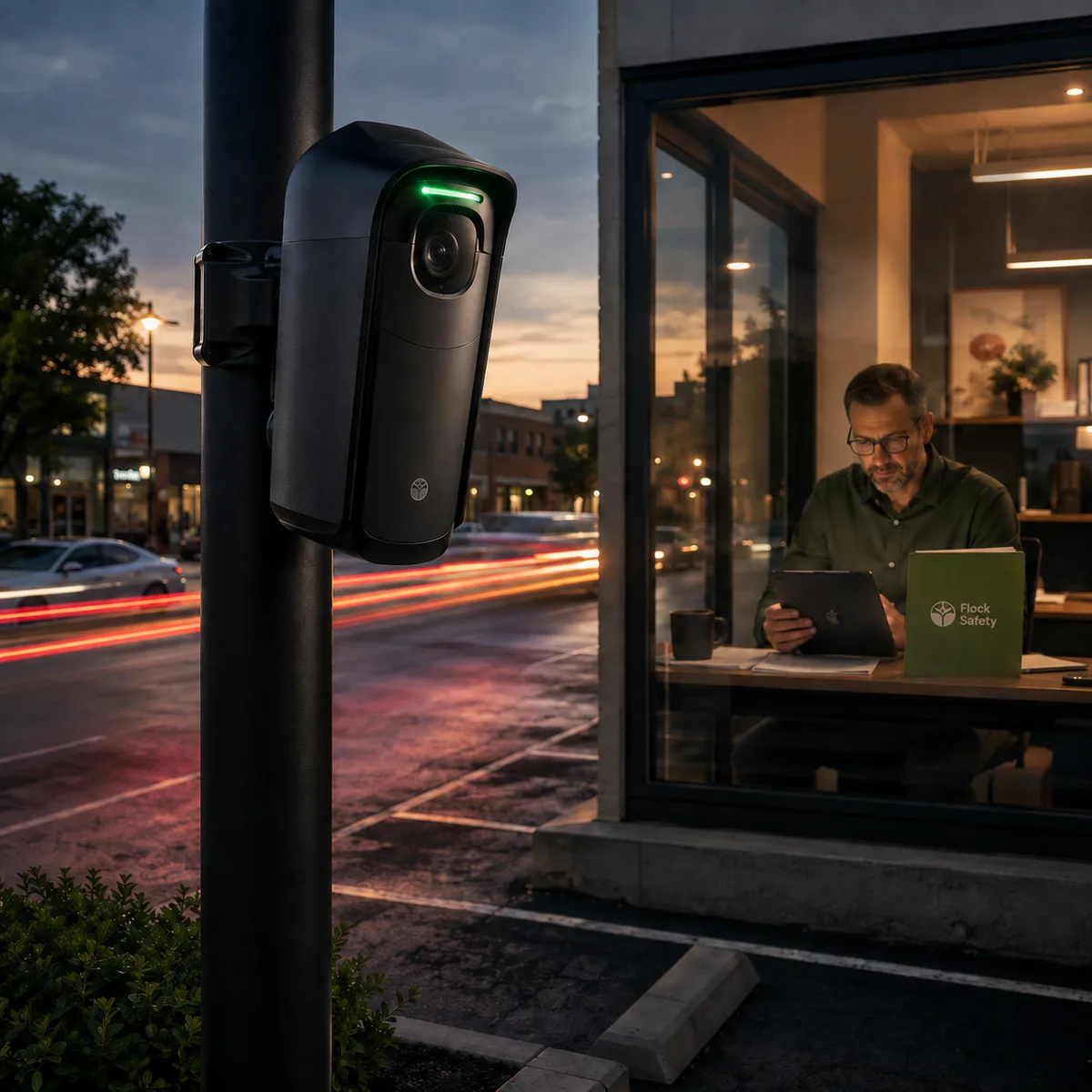 Editorial image of an AI license plate reader camera and privacy documents representing surveillance data governance.