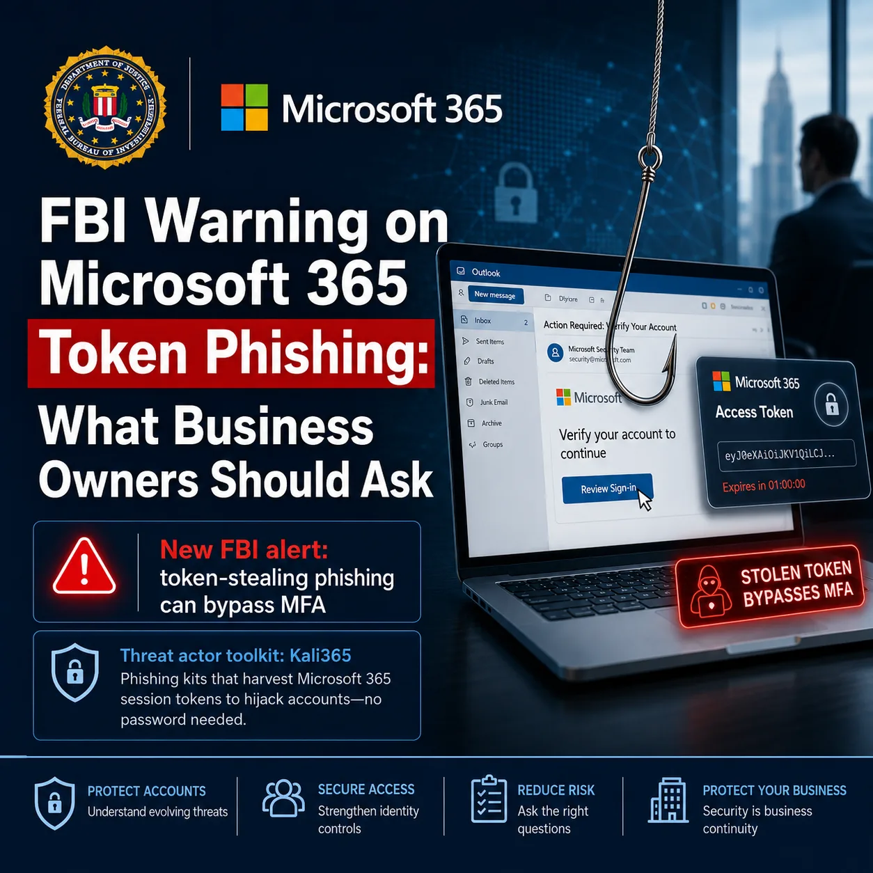 Microsoft 365 token phishing warning illustration for business owner security review