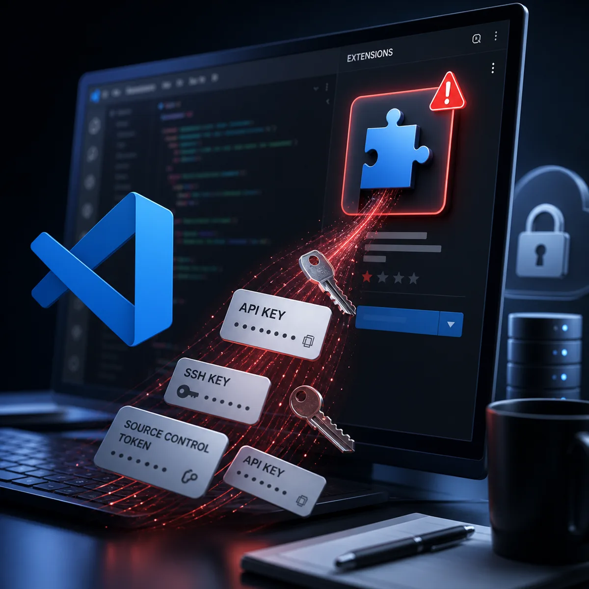 Editorial image of a code editor extension panel exposing developer credentials and API keys.