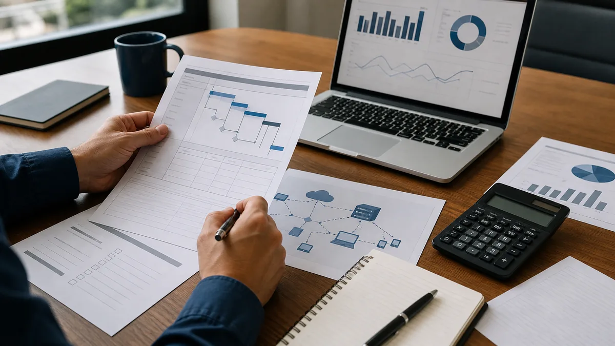 Business owner reviewing an IT project proposal and network diagram before approval