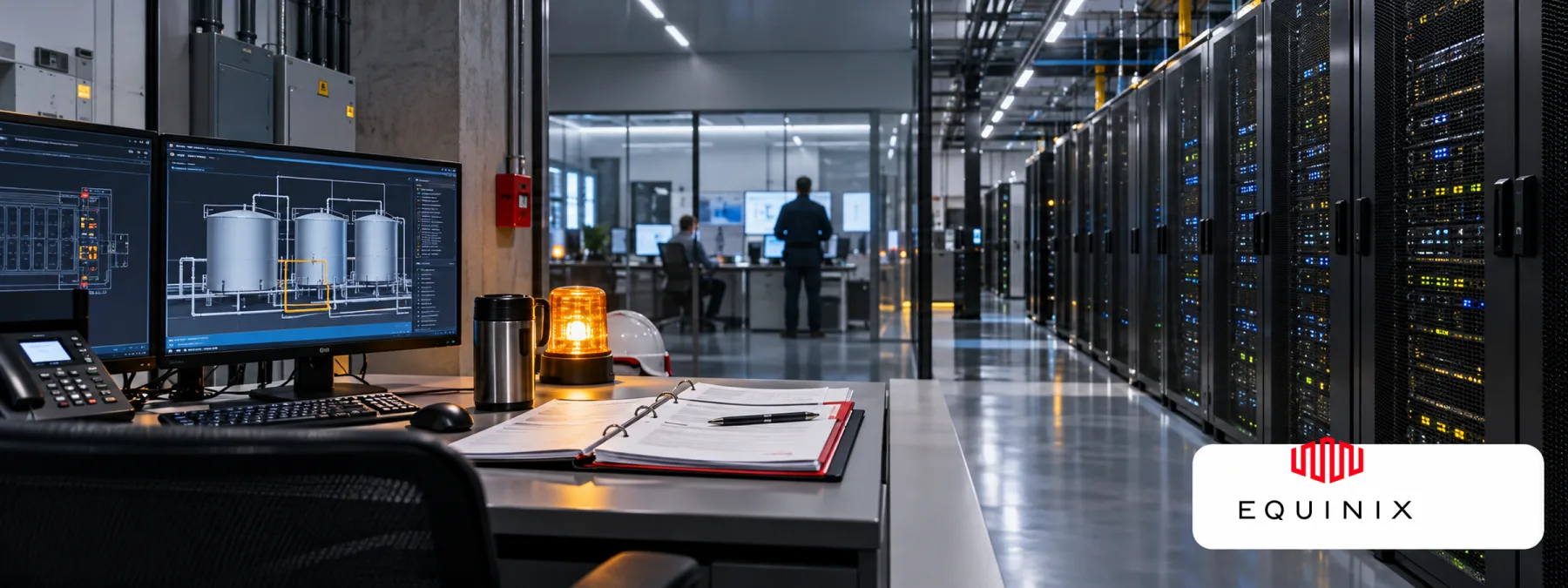 Editorial image of a New Jersey data center operations desk reviewing an incident report after a facility fuel-system failure.