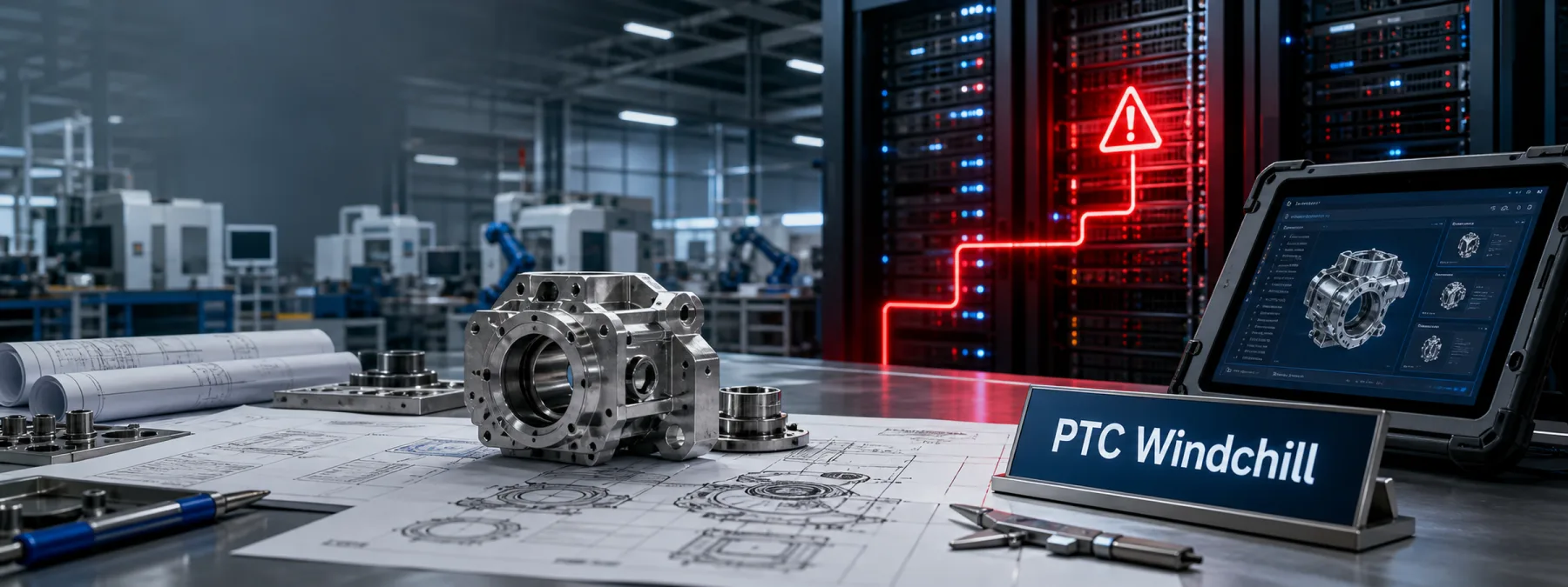 Editorial image showing manufacturing product lifecycle software, engineering files, and ransomware review evidence on an operations desk.