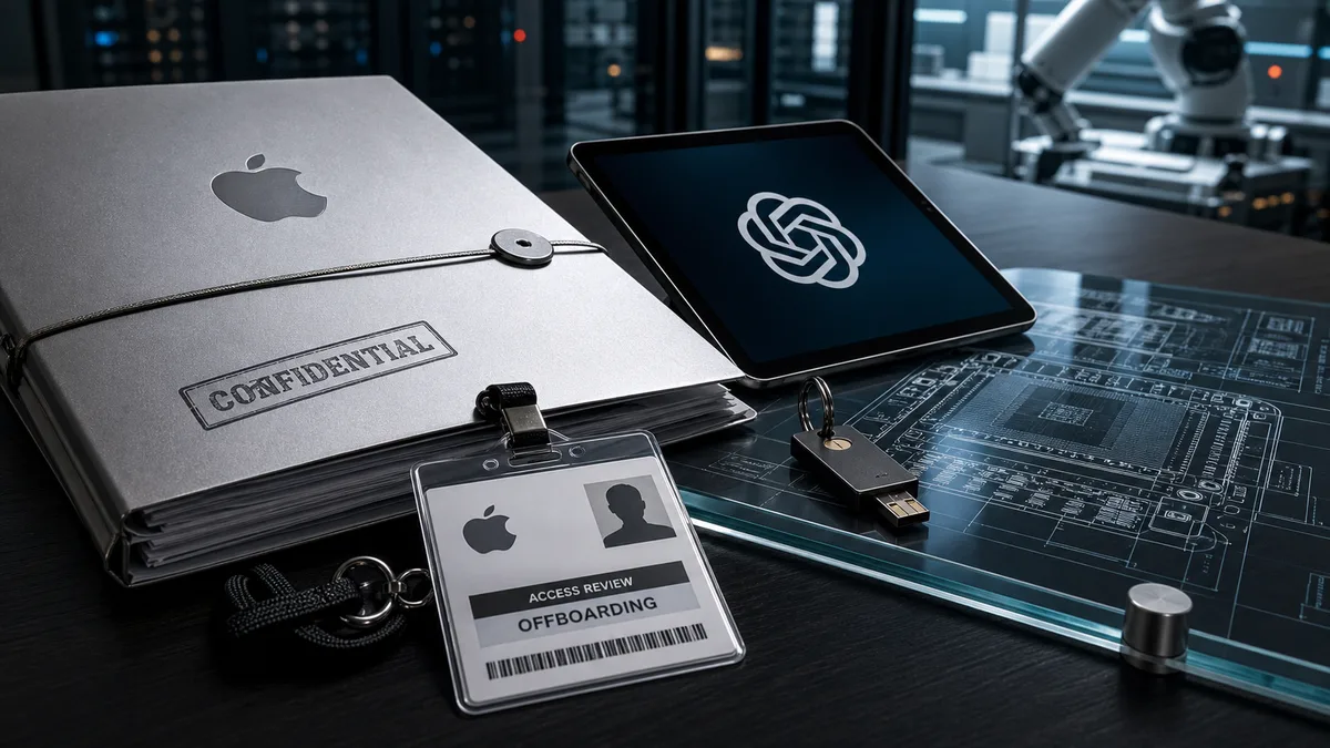 Editorial image showing Apple and OpenAI symbols near protected confidential files and AI hardware sketches.