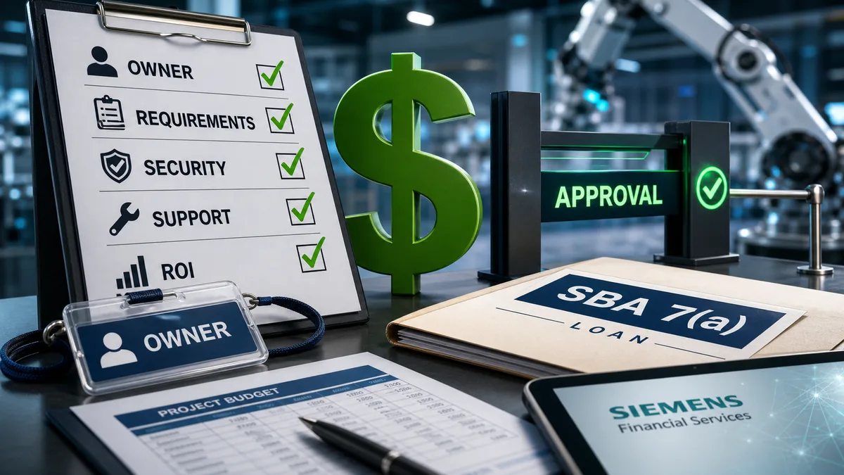 Business owner reviewing financed technology project plans before approving automation and AI spending.