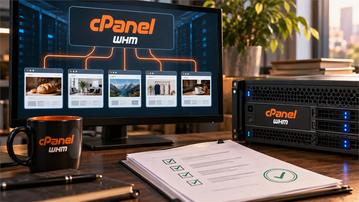Editorial image of a business website hosting control panel review with cPanel and WHM signals, shared server hardware, and patch evidence.