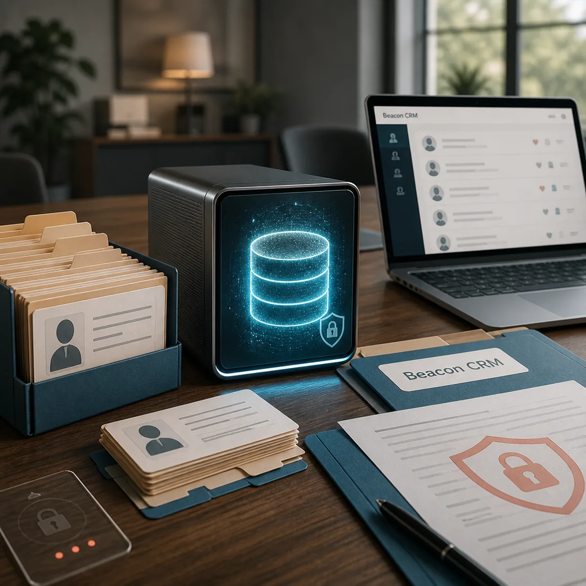 Editorial image showing nonprofit donor records, a CRM database backup, and vendor security review documents.