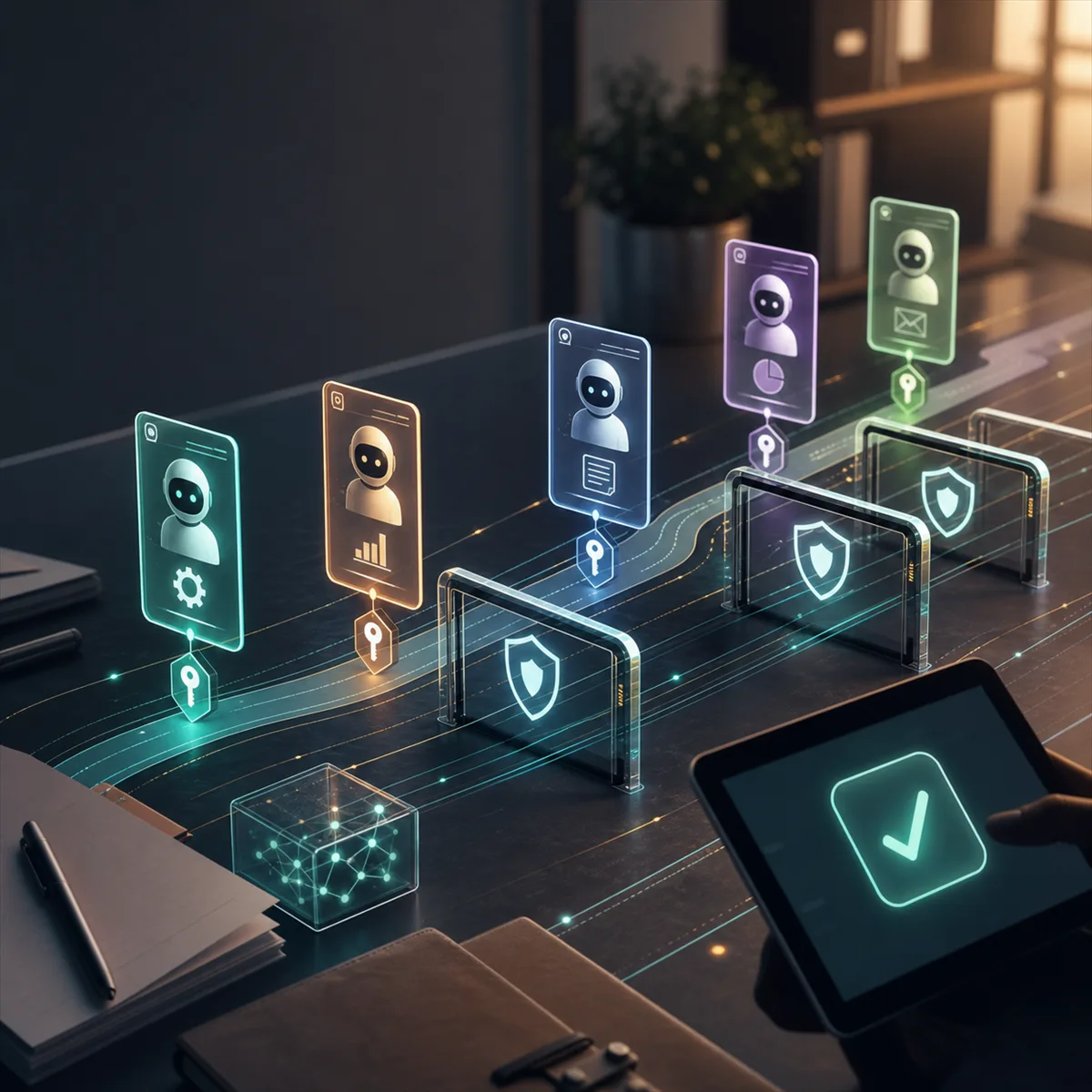Editorial image about AI agent identity management, permissions, audit logs, and business workflow approval.