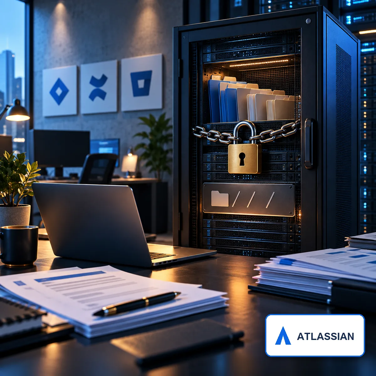 Editorial image representing an Atlassian file access vulnerability and a business owner reviewing self-hosted software patch evidence.