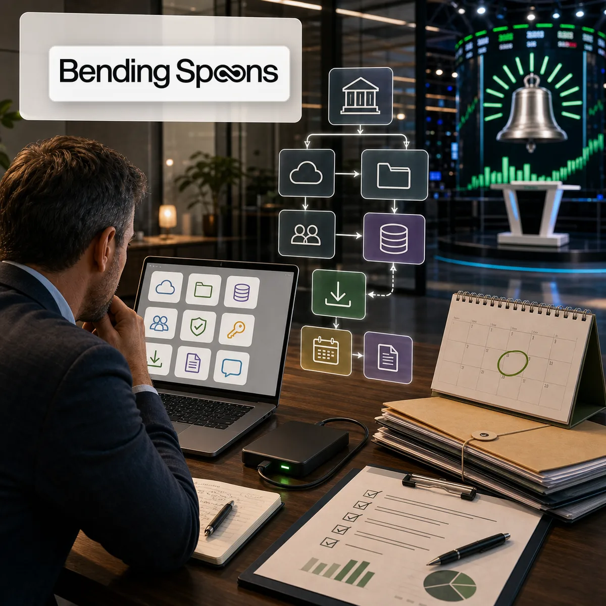 Editorial image about SaaS vendor dependency, Bending Spoons, and business continuity planning for acquired software products.