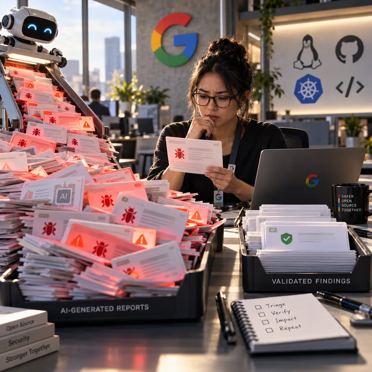 Editorial artwork showing a security intake desk sorting AI-generated vulnerability reports from validated findings.