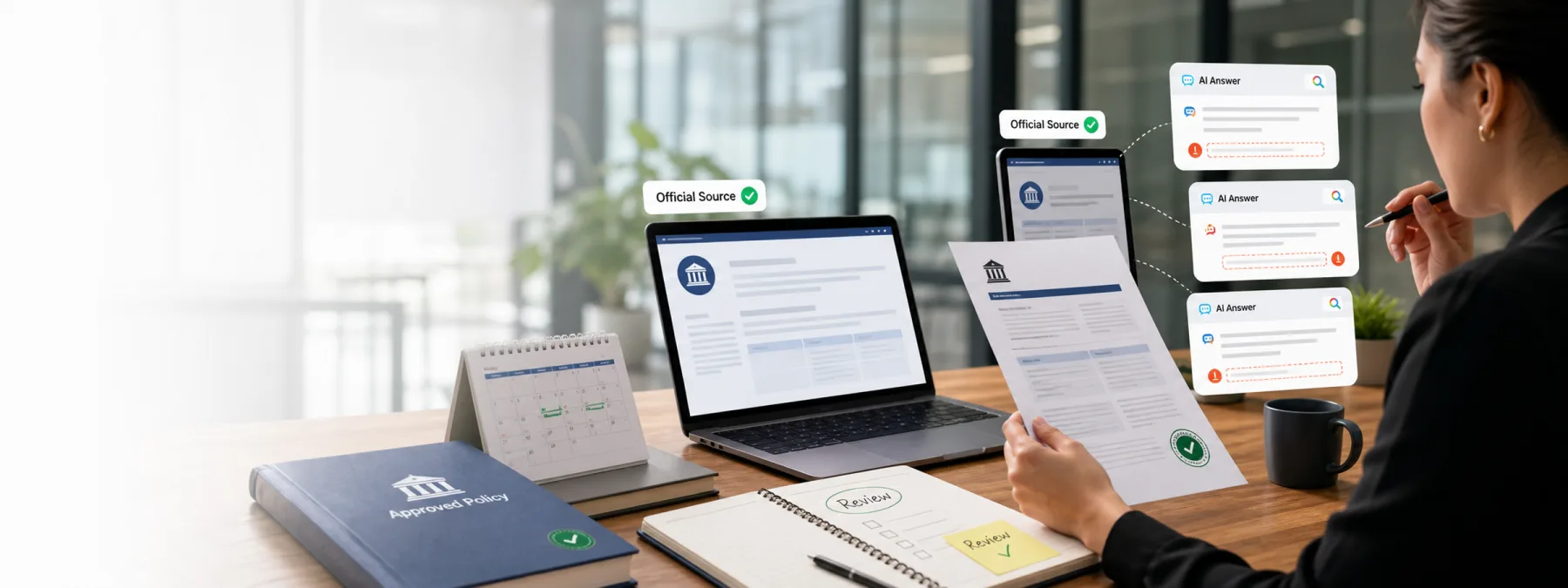 Editorial image showing a business team reviewing AI-generated public information against an official source document.