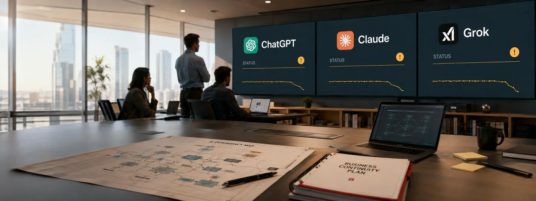 Editorial image of AI service status cards for ChatGPT, Claude, and Grok going quiet while a business continuity plan remains on the desk.