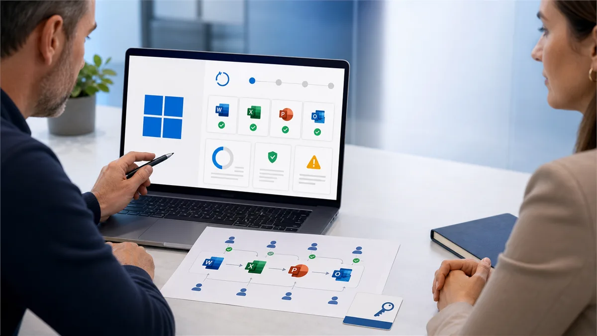 A business owner and IT provider review a Windows update testing plan beside Office workflow and BitLocker recovery indicators.