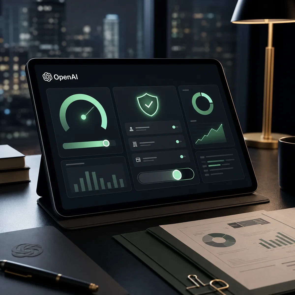 A business owner reviews an AI budget dashboard with OpenAI and ChatGPT usage controls represented on a modern workspace screen.