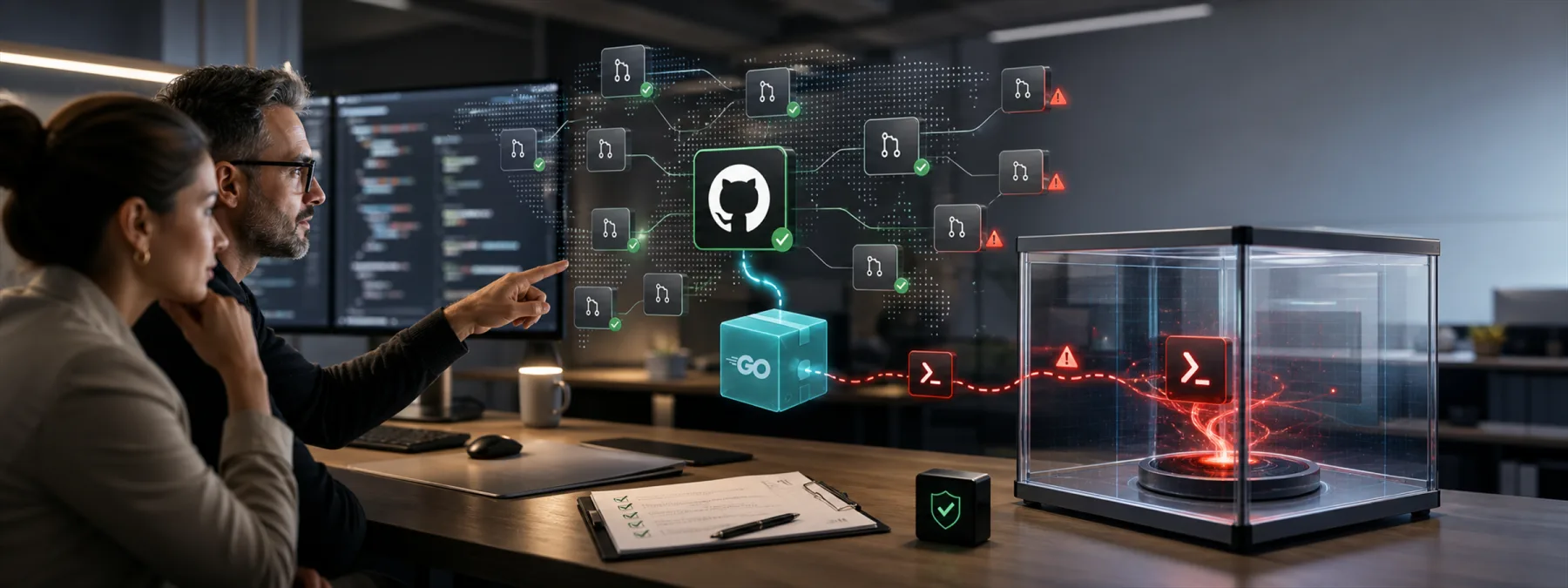 Editorial image of a GitHub-style repository screen connected to warning indicators and a developer workstation review scene.
