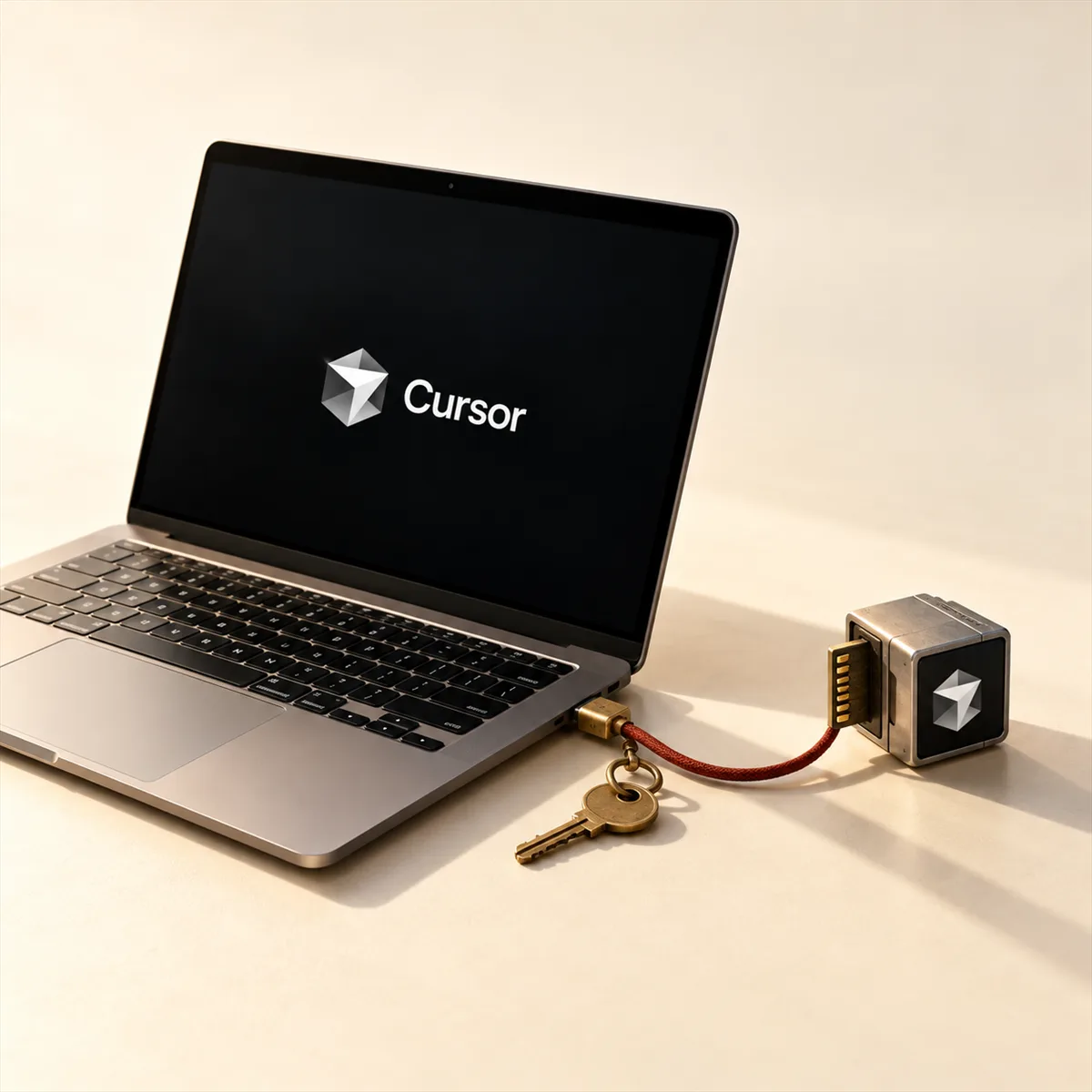 Conceptual editorial illustration of Cursor developer tools, a removed extension module and an access key representing cleanup that may remain after uninstall.