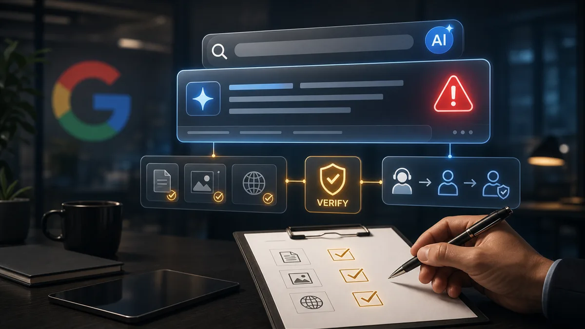 Editorial image showing a business owner reviewing an AI-generated search result warning and reputation response checklist.