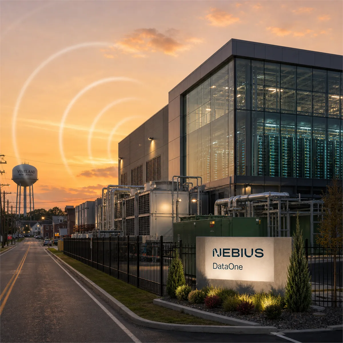 Editorial image of a South Jersey AI data center at dusk with visible power and sound-wave cues for infrastructure planning.