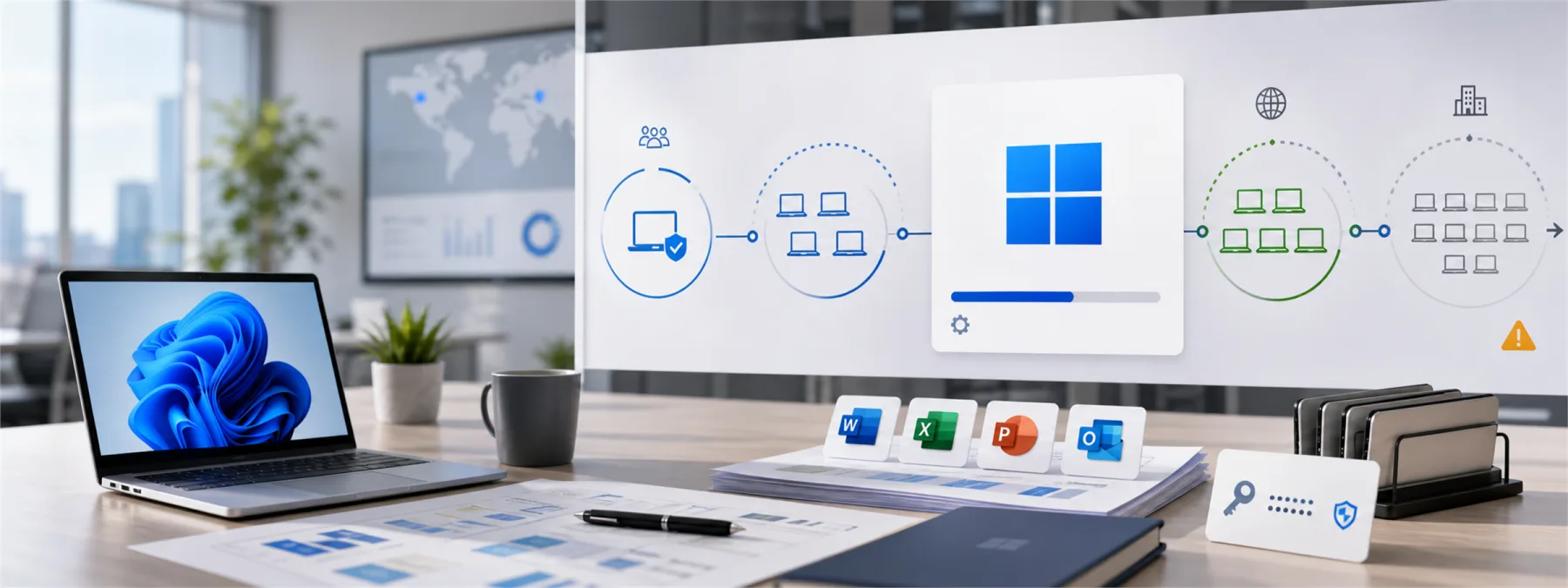 A business owner and IT provider review a Windows update testing plan beside Office workflow and BitLocker recovery indicators.