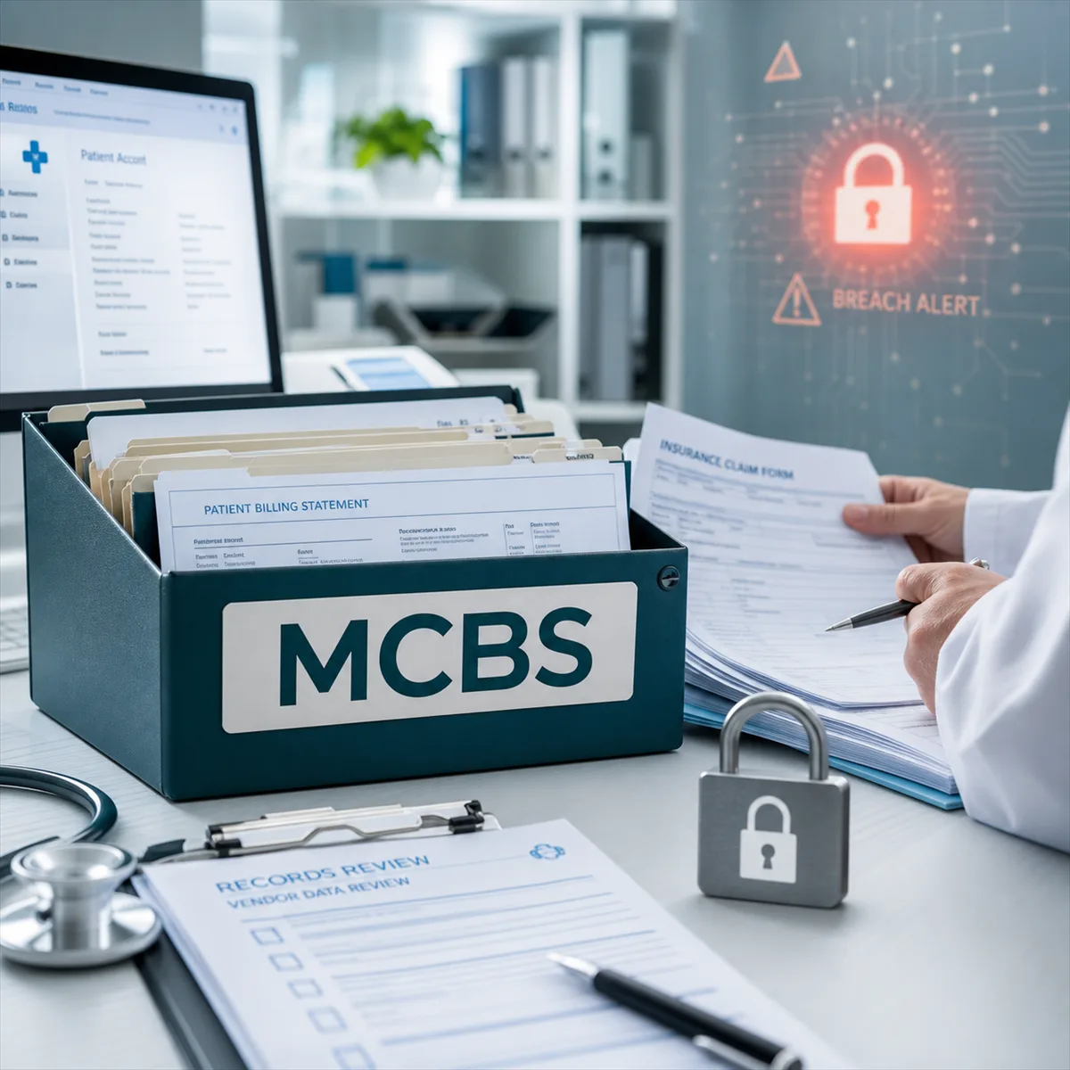 Editorial image of a medical billing vendor records review with healthcare data, invoices, and secure access controls.