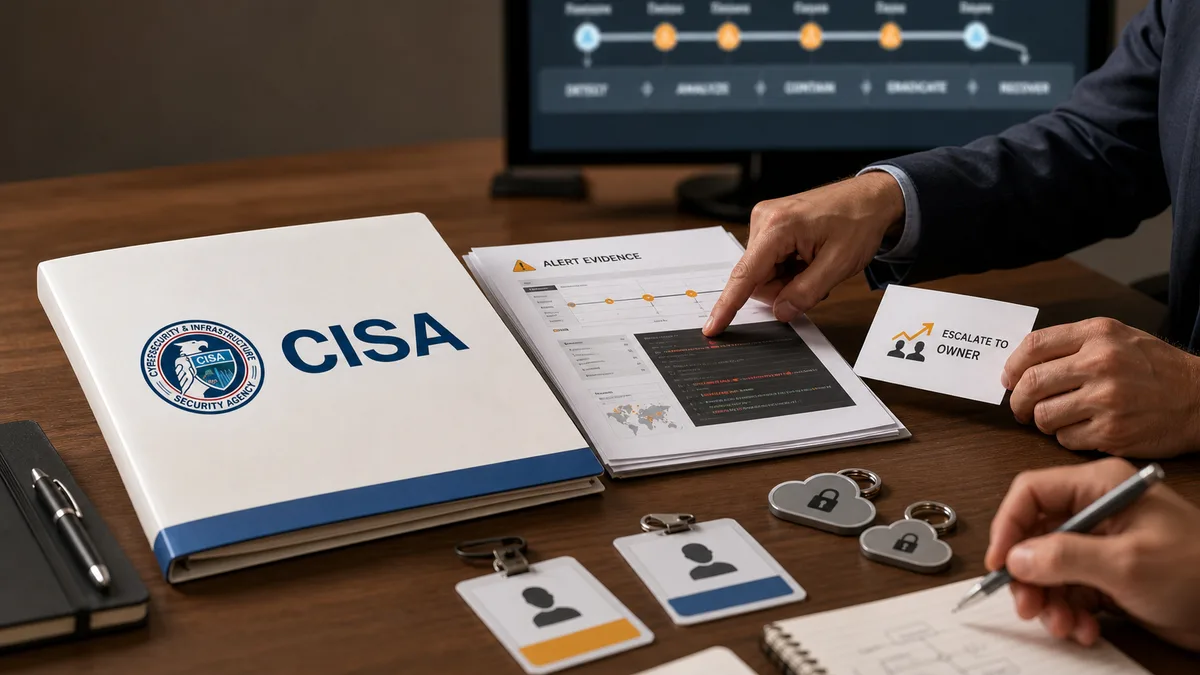 Editorial image of a business owner reviewing CISA red-team security monitoring evidence, alert escalation, and cloud access controls.