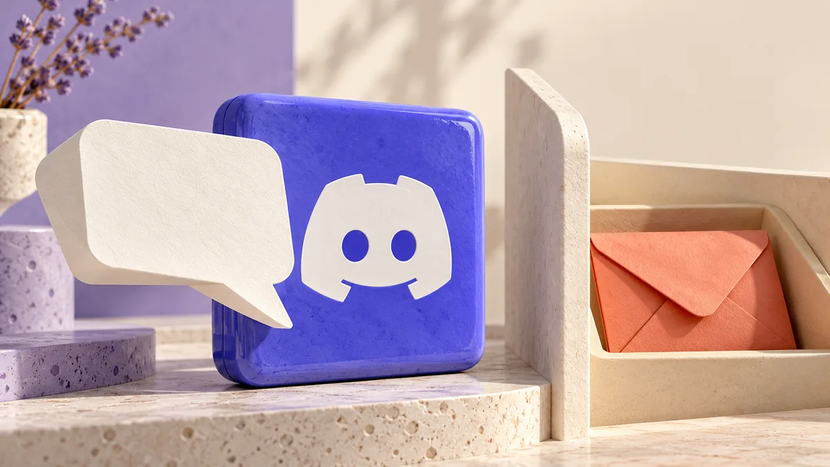 Discord symbol inside an open paper pavilion, with blank speech cards flowing outward and a sealed coral envelope kept in a separate alcove.