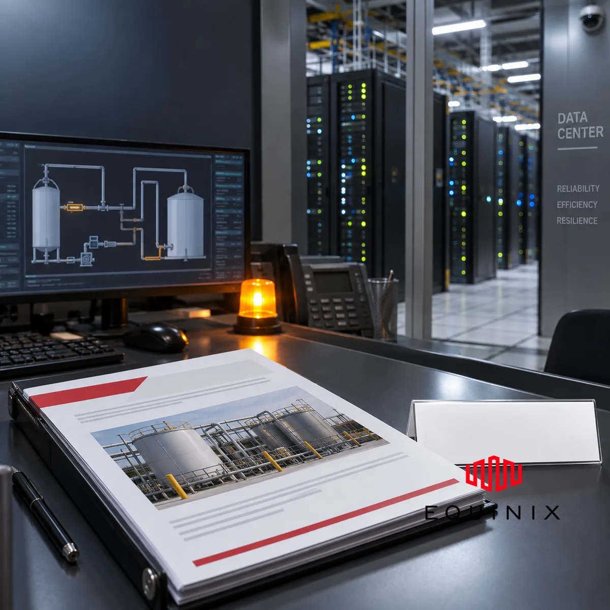 Editorial image of a New Jersey data center operations desk reviewing an incident report after a facility fuel-system failure.